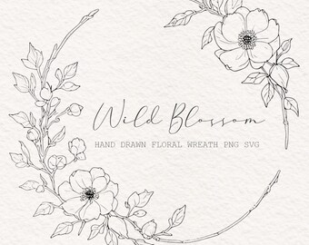 Minimalist Floral Wreath PNG – Line Art Botanical Clipart, Transparent Background, Digital Floral Frame for Logos, Invitations & Branding