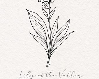 Arte em linha com flor de lírio do vale: flor de nascimento de maio (SVG, PNG)