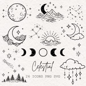 May include: Black and white line art illustrations of celestial bodies and elements, including a full moon, crescent moons, stars, constellations, mountains, and a cloud with dangling stars. The word "Celestial" is written in cursive, with the text "26 ICONS PNG SVG" below.