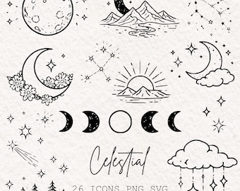 Sun Moon Stars, Celestial Icon Set, PNG & SVG Line Art Illustrations, Minimalist Line Art Nature Vector