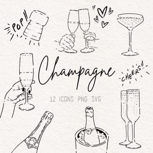 Champagne Clipart Bundle: Hand-Drawn Line Art, Wedding Invitation Graphics (PNG SVG)