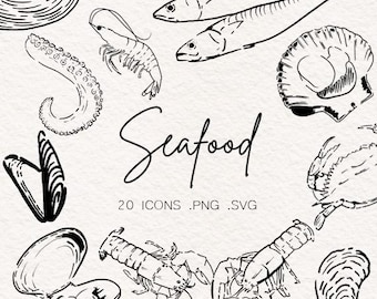 Hand Drawn Seafood Line Art Clipart, Menu Illustration (PNG, SVG)