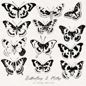 May include: Twelve black and white illustrations of butterflies and moths. The illustrations are in a simple, minimalist style. The images are perfect for use in digital or printed projects.