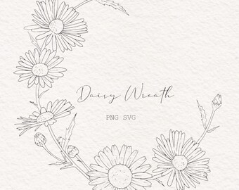 Daisy Flower Wreath Line Art, Wedding Invitation Clipart (PNG, SVG)