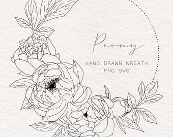 Peony flower wreath, floral laurel wreath, minimal line art floral clip art, botanical frame, flower border, peony png svg, peony frame