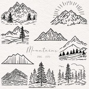 May include: A set of eight black and white line drawings of mountains, some with trees and a sun. The text "Mountains" is written in cursive with "PNG SVG" below it.