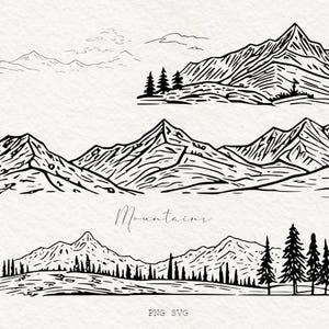 Paisaje de montaña png svg, ilustración de bosque, clipart de arte lineal, clipart de cordillera, aventura al aire libre, naturaleza png, vector dibujado a mano