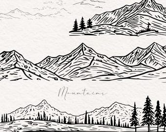 Mountain Landscape PNG Bundle | Hand Drawn Line Art Clipart | Minimalist Nature Digital Download | Simple Mountain SVG PNG Files