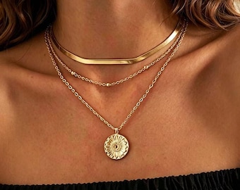 Collar con brújula de oro macizo de 14 quilates, regalo de graduación, collar con monedas en forma de sol en capas, gargantilla de triple cadena chapada en oro/plata, collar de capas estilo boho.