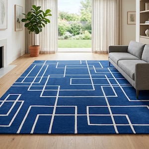 Blue Geometric Hand Tufted Rug | Modern Minimalist Area Rug for Living Room | Cobalt Blue Custom Carpet | Mid Century Maze Pattern