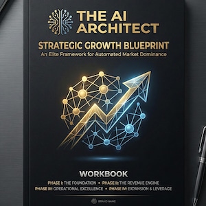 Puede incluir: Un cuaderno negro titulado "THE AI ARCHITECT" con letras doradas y un gráfico de una flecha hacia arriba. La portada también incluye el texto "STRATEGIC GROWTH BLUEPRINT" y "WORKBOOK". Un bolígrafo descansa sobre la superficie oscura junto al libro.