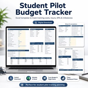 May include: A laptop displays a "Student Pilot Budget Tracker" Excel template. The screen shows data tables for tracking costs, hours, and KPIs. The image includes icons for instant download, Excel editing, budget tracking, and clean dashboard views.