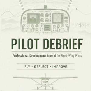 Könnte beinhalten: Ein Zeitschriften-Cover mit einer Illustration eines Flugzeugcockpits und eines kleinen Flugzeugs. Der Titel "PILOT DEBRIEF" steht in großen, dunkelgrünen Buchstaben. Darunter steht "Professional Development Journal for Fixed-Wing Pilots."
