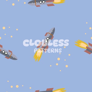 May include: A repeating pattern of cartoon rockets in shades of gray, red, and yellow against a light blue background. The rockets have a flame effect at the base. The text "CLOULESS PATTERNS" is in the center.