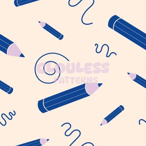 Könnte beinhalten: Ein sich wiederholendes Muster aus blauen Bleistiften mit rosa Spitzen und blauen geschwungenen Linien auf cremefarbenem Hintergrund. Der Text "CLOUDLESS PATTERNS" befindet sich in der Mitte des Bildes.