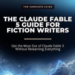 May include: A digital book cover titled The Claude Fable 5 Guide for Fiction Writers, featuring the subtitle Get the Most Out of Claude Fable 5 Without Relearning Everything. The background displays blue lightning against a dark gradient.