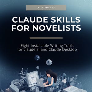 Peut inclure: Un graphique numérique intitulé AI TOOLKIT CLAUDE SKILLS FOR NOVELISTS Eight Installable Writing Tools for claude.ai and Claude Desktop. L'image montre une personne utilisant un ordinateur portable entourée d'objets et d'un livre ouvert.