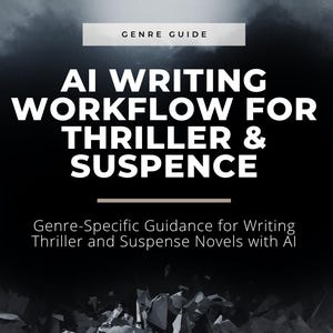 May include: A book cover with a dark background and the title "AI Writing Workflow for Thriller & Suspense." The cover includes the text "Genre Guide" and "Genre-Specific Guidance for Writing Thriller and Suspense Novels with AI." The logo for "The Plotting Table" is at the bottom.