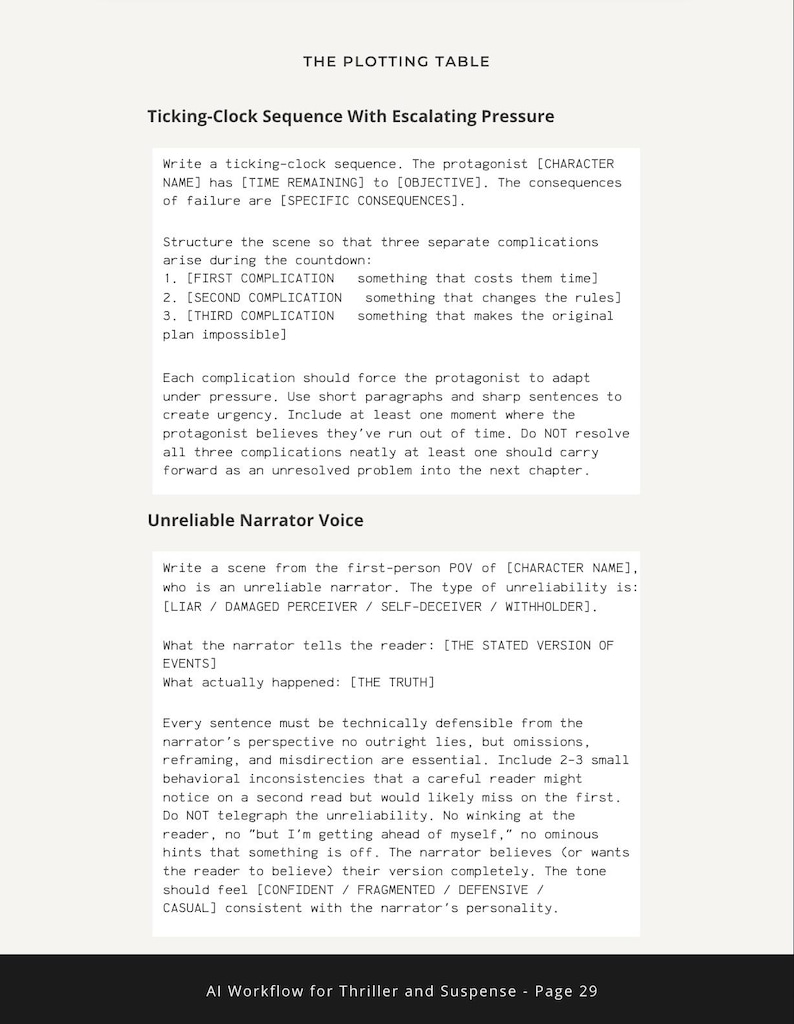 May include: A white document titled The Plotting Table, featuring black text instructions for a Ticking-Clock Sequence With Escalating Pressure and an Unreliable Narrator Voice, including placeholders for character names and specific plot details.