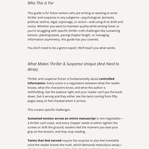 May include: A page from "The Plotting Table" guide for fiction writers. The text discusses thriller and suspense writing, covering topics like tension, twists, and information control. The guide aims to help writers improve their craft.
