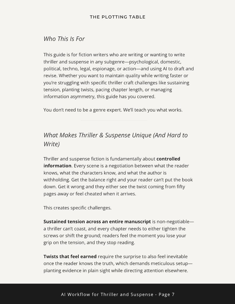 May include: A page from "The Plotting Table" guide for fiction writers. The text discusses thriller and suspense writing, covering topics like tension, twists, and information control. The guide aims to help writers improve their craft.