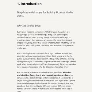 May include: A page from "The Plotting Table" with the title "1. Introduction" and the subtitle "Templates and Prompts for Building Fictional Worlds with AI." The text discusses worldbuilding and the use of AI in storytelling, highlighting potential inconsistencies.