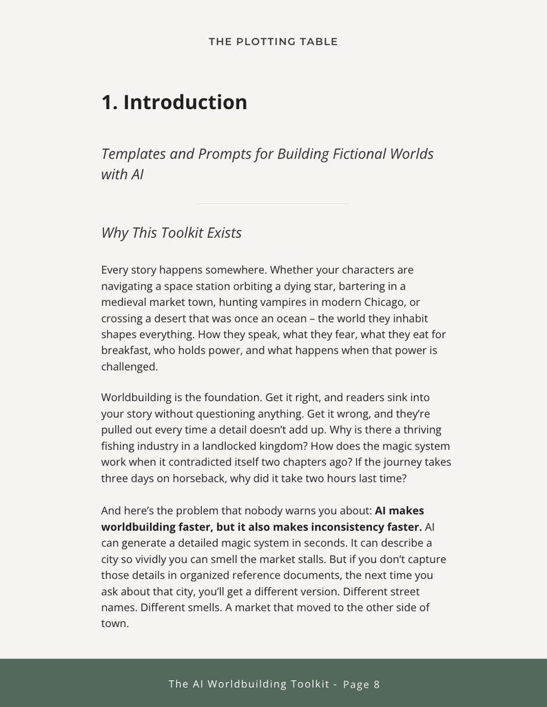 May include: A page from "The Plotting Table" with the title "1. Introduction" and the subtitle "Templates and Prompts for Building Fictional Worlds with AI." The text discusses worldbuilding and the use of AI in storytelling, highlighting potential inconsistencies.