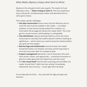 May include: A document titled THE PLOTTING TABLE with the heading What Makes Mystery Unique (And Hard to Write). The text explains the challenges of writing mystery novels, including fair-play construction, clue distribution, red herrings, and suspect management.
