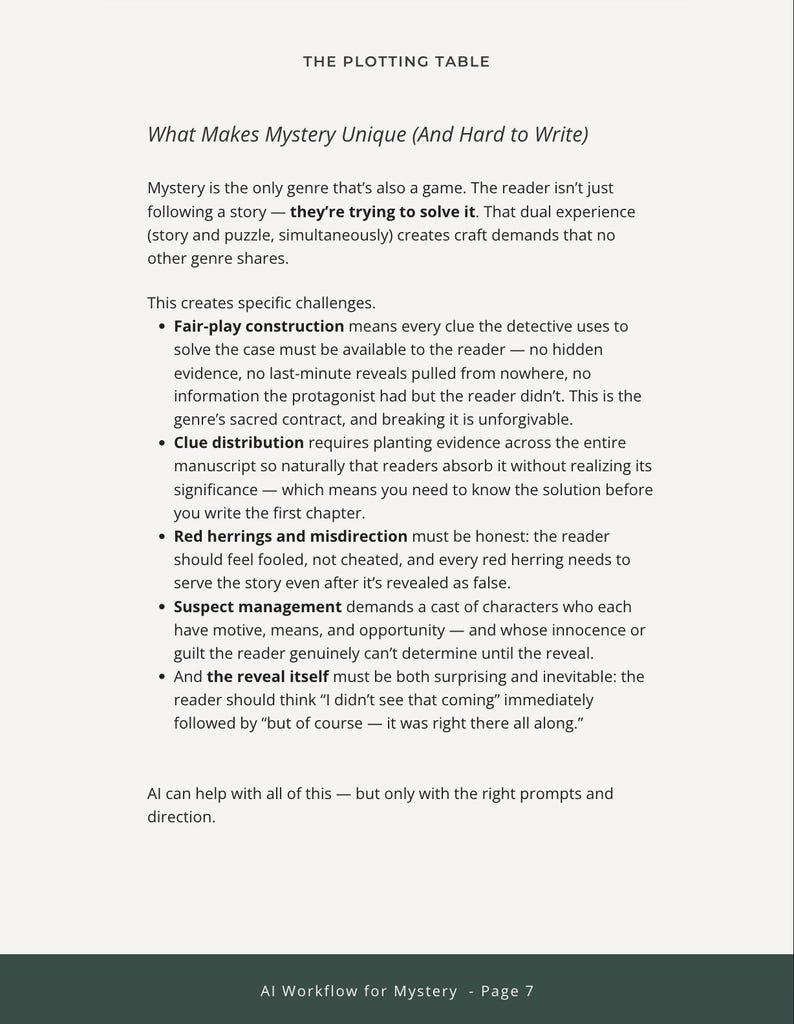 May include: A document titled THE PLOTTING TABLE with the heading What Makes Mystery Unique (And Hard to Write). The text explains the challenges of writing mystery novels, including fair-play construction, clue distribution, red herrings, and suspect management.