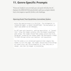 May include: A white page from "The Plotting Table" with text about thriller writing prompts. The text includes instructions for crafting an opening scene, focusing on immediate stakes and unresolved questions. The page is from "AI Workflow for Thriller and Suspense - Page 28."