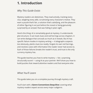 May include: A document titled The Plotting Table, page 5, titled 1. Introduction. The text discusses mystery writing, AI, and plot structure. It includes sections Why This Guide Exists and What You'll Learn, focusing on AI workflow for mystery.