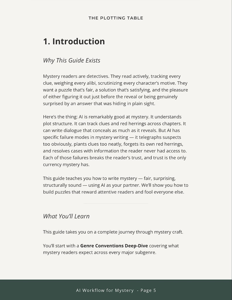 May include: A document titled The Plotting Table, page 5, titled 1. Introduction. The text discusses mystery writing, AI, and plot structure. It includes sections Why This Guide Exists and What You'll Learn, focusing on AI workflow for mystery.
