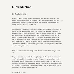 Puede incluir: Una p&aacute;gina de la gu&iacute;a "The Plotting Table", titulada "1. Introduction". El texto explica los aspectos &uacute;nicos de la escritura de c&oacute;mics, diferenci&aacute;ndola de la prosa y los guiones. Se centra en la narraci&oacute;n visual y el uso de herramientas de IA para escribir guiones de c&oacute;mics.