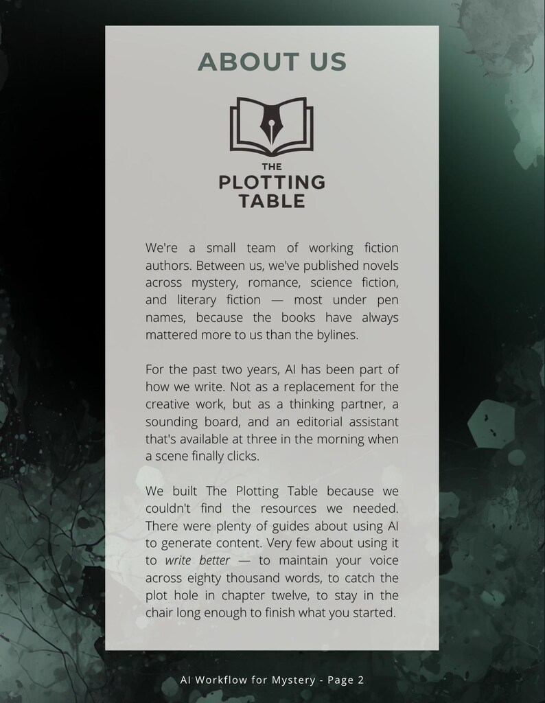 May include: A rectangular informational card titled ABOUT US with a logo of an open book and a fountain pen nib. The text describes The Plotting Table, a team of fiction authors using AI as an editorial assistant. The background is dark green.