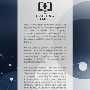 May include: A vertical graphic with the text "ABOUT US" at the top, followed by a logo and the words "THE PLOTTING TABLE." The text describes a team of writers and creators, their use of AI, and their mission to help others write.