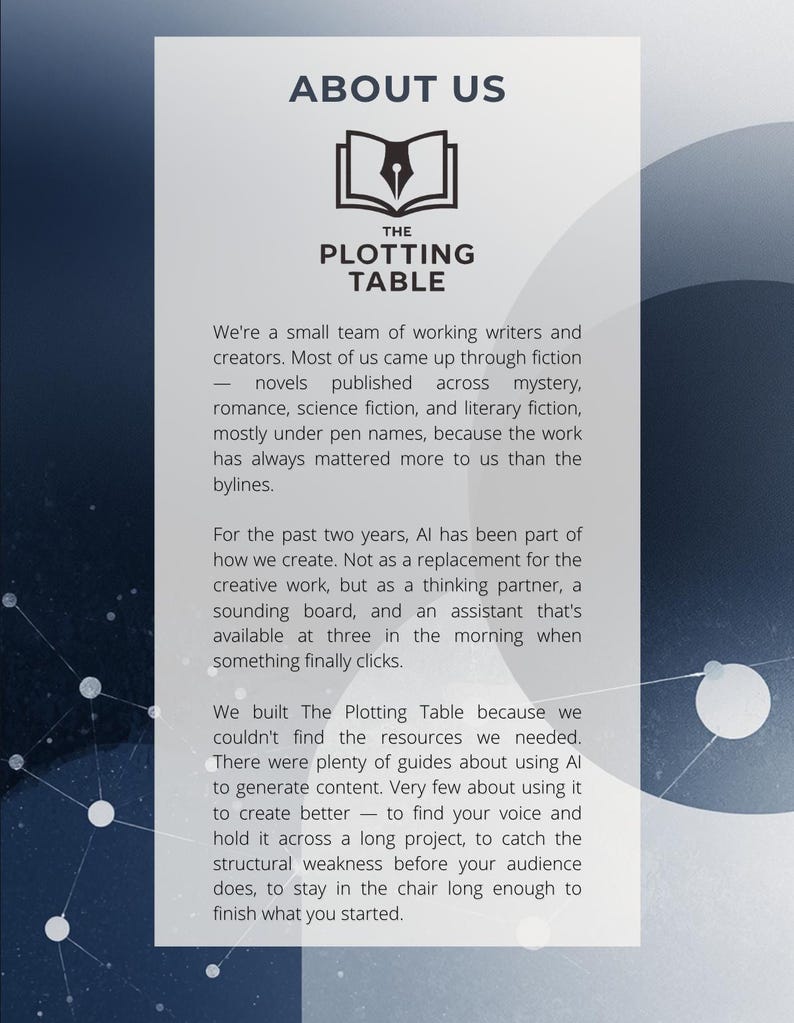 May include: A vertical graphic with the text "ABOUT US" at the top, followed by a logo and the words "THE PLOTTING TABLE." The text describes a team of writers and creators, their use of AI, and their mission to help others write.
