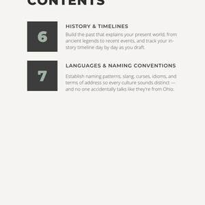 May include: A page from "The AI Worldbuilding Toolkit" with the title "CONTENTS" in bold black letters. The page lists "HISTORY & TIMELINES" and "LANGUAGES & NAMING CONVENTIONS" with descriptions. Numbers 6 and 7 are in dark green boxes.