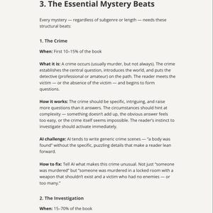 May include: A document titled The Plotting Table, page 16, titled AI Workflow for Mystery. It outlines 3. The Essential Mystery Beats, detailing The Crime and The Investigation, explaining when they occur, what they are, how they work, and AI challenges.