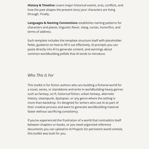 May include: A page from "The AI Worldbuilding Toolkit" with text about worldbuilding for fiction authors. The text covers history, timelines, languages, naming conventions, and using AI. The page is white with black text.
