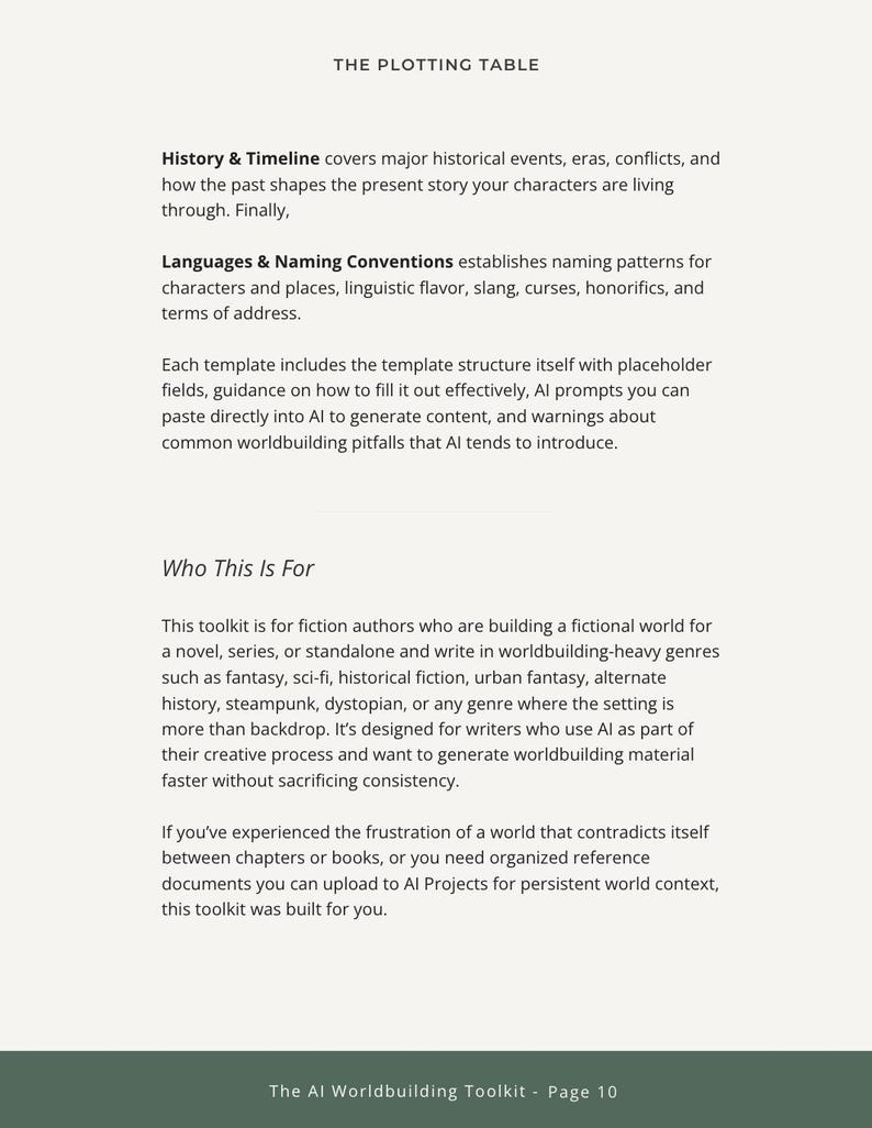 May include: A page from "The AI Worldbuilding Toolkit" with text about worldbuilding for fiction authors. The text covers history, timelines, languages, naming conventions, and using AI. The page is white with black text.