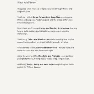 May include: A page from "The Plotting Table" guide, detailing thriller and suspense writing. Topics include genre conventions, pacing, misdirection, unreliable narrators, and AI prompts. The text is on a cream-colored background.