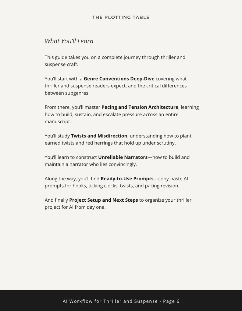 May include: A page from "The Plotting Table" guide, detailing thriller and suspense writing. Topics include genre conventions, pacing, misdirection, unreliable narrators, and AI prompts. The text is on a cream-colored background.