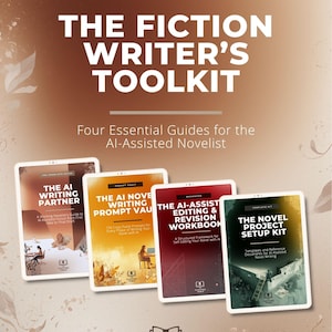 May include: Product bundle titled "The Fiction Writer's Toolkit" with four guides for AI-assisted novelists. Guides include "The AI Writing Partner," "The AI Novel Writing Prompt Vault," "The AI-Assist Editing & Revision Workbook," and "The Novel Project Setup Kit."