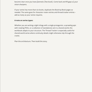 May include: A page from "The Al-Assisted Series Planning Workbook" with the title "The Plotting Table." The text provides guidance on series planning, including notes on series types and the use of a thread tracker. The page is white with black text.