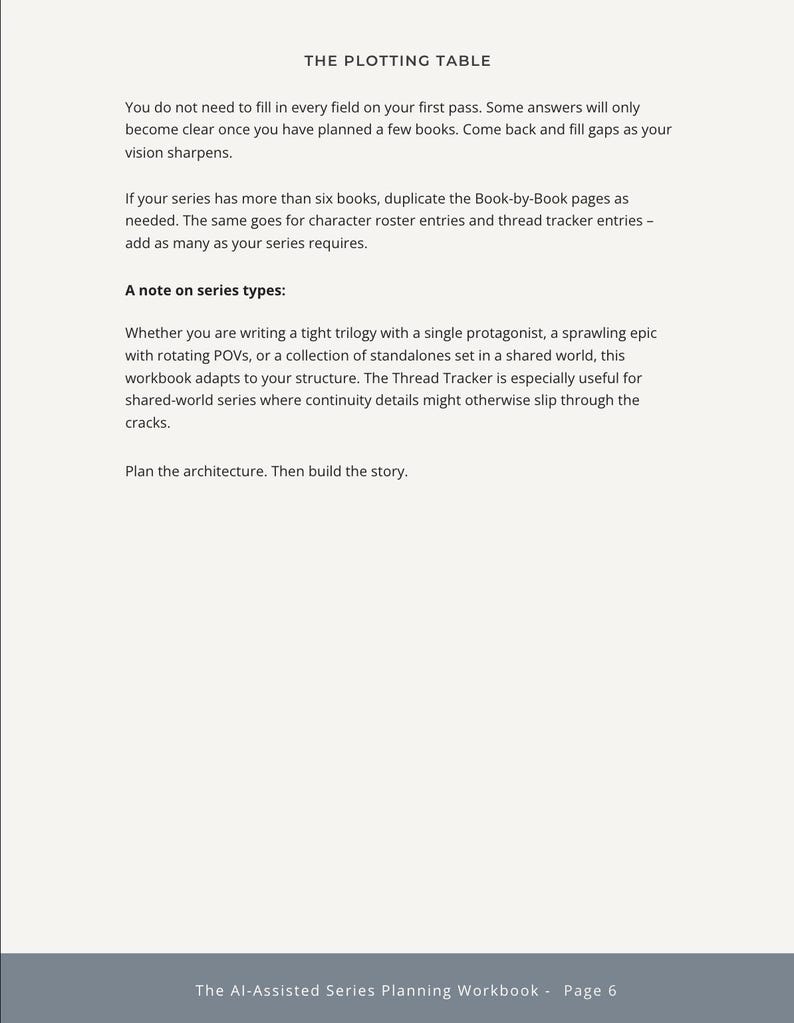 May include: A page from "The Al-Assisted Series Planning Workbook" with the title "The Plotting Table." The text provides guidance on series planning, including notes on series types and the use of a thread tracker. The page is white with black text.