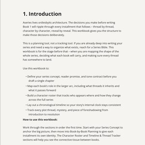 May include: A page from "The Plotting Table" workbook, featuring the title, introduction, and bullet points on how to use the workbook. The text is in black font on a light beige background. The workbook helps writers plan a series.