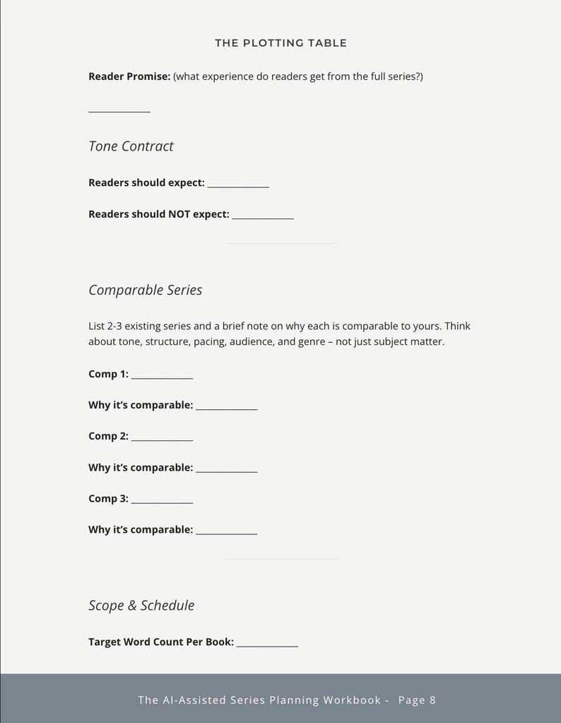 May include: A page from "The Al-Assisted Series Planning Workbook" with the title "The Plotting Table." The page includes prompts for outlining a series, such as "Reader Promise," "Tone Contract," and "Comparable Series." The bottom of the page reads "Page 8."