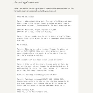 Puede incluir: Una p&aacute;gina de la gu&iacute;a de guion de c&oacute;mic "The Plotting Table". El texto detalla las convenciones de formato para guiones de c&oacute;mic, incluyendo descripciones de paneles, leyendas y di&aacute;logos.
