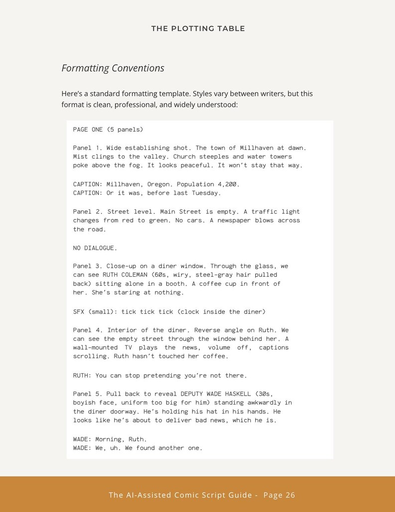 Puede incluir: Una p&aacute;gina de la gu&iacute;a de guion de c&oacute;mic "The Plotting Table". El texto detalla las convenciones de formato para guiones de c&oacute;mic, incluyendo descripciones de paneles, leyendas y di&aacute;logos.
