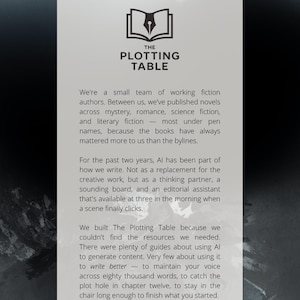 May include: A digital graphic with the text "ABOUT US" and "THE PLOTTING TABLE" with a pen and open book icon. The text describes a team of fiction authors and their use of AI in the writing process. The page is titled "AI Workflow for Thriller and Suspense - Page 2".